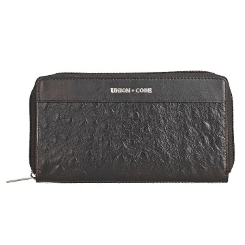 UNION CODE Black Genuine Leather Ostrich Embossed RFID Protected Women's Wallet